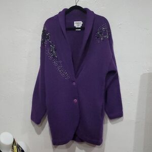 Vintage Cervlle Wool Cardogan Dister with Beading & Rose's in Purple Size M
